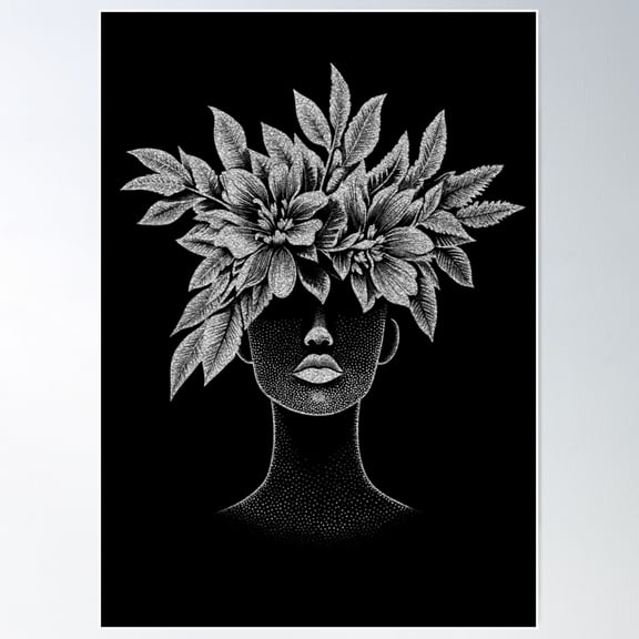 Floral Head Woman – Elegant Black And White Botanical Portrait Poster Wall Art, Modern Wall Decor For Living Room Bedroom, 8x12 UNFRAMED