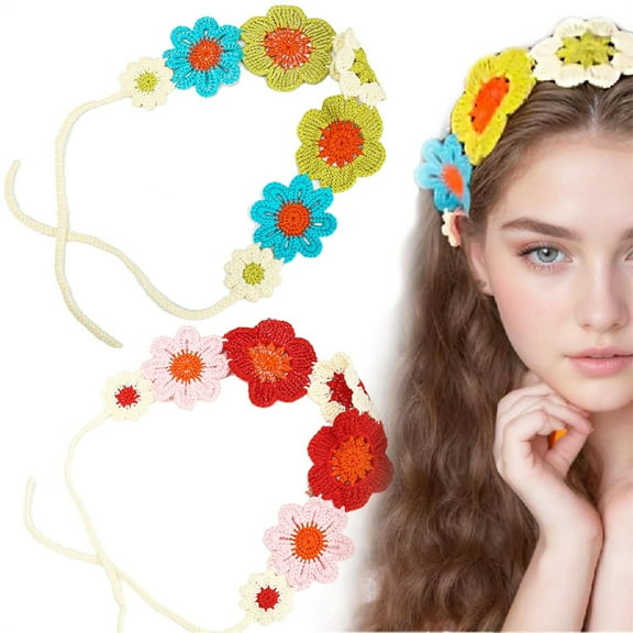 Floral Headband, 2 Pack Elastic Handmade Crochet Head Wrap knit Headband, Crochet Hair Kerchief Tie Headwrap Floral Hair Headband for Women Wedding Party (Red, Green)