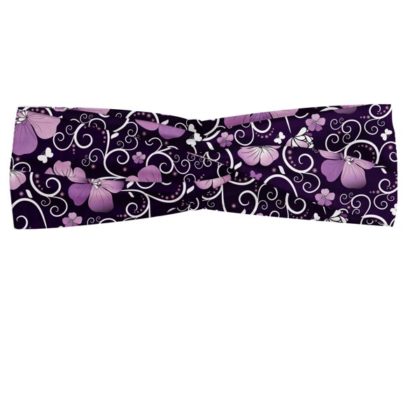 Floral Headband, Butterfly Silhouettes with Plant Flower Patterned Design Swirls Curves, Elastic and Soft Women's Bandana for Sports and Everyday Use, Grey Red Coconut, by Ambesonne
