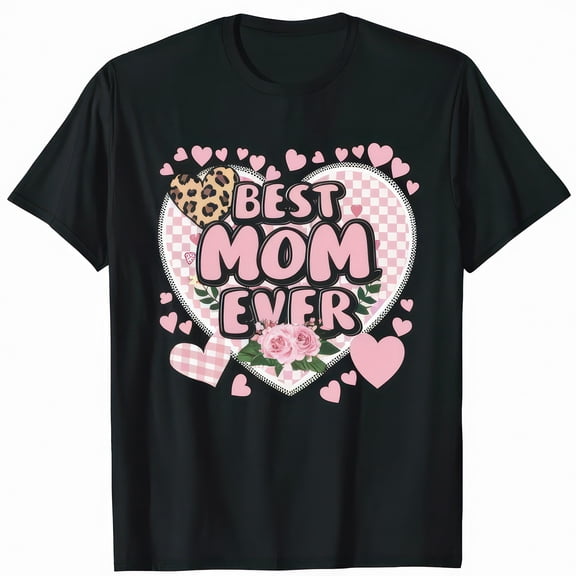Floral Heart Checkered Leopard Best Mom Ever Graphic Women Short Sleeve T-Shirt