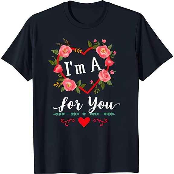 Floral Heart Design T-Shirt Blue with Pink Roses & Cursive 'I'm A for You'