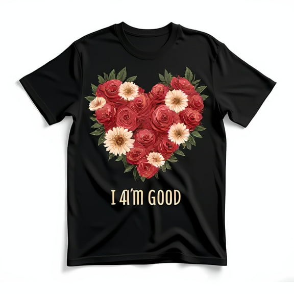 Floral Heart Graphic Black T-Shirt with Gold 'I 4'm GOOD' Inscription