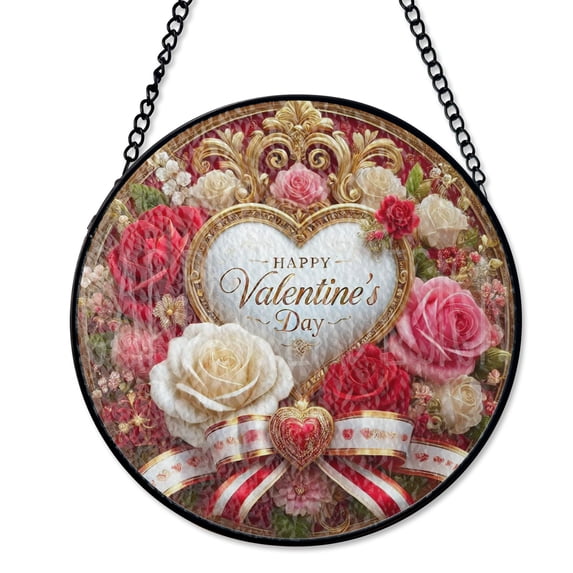 Floral Heart Lightweight Suncatcher Stained Glass Style UV Printed Glass Spring Window Hanging Round