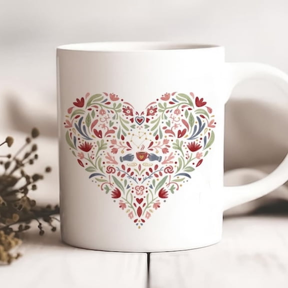 Floral Heart Mug, Coffee Lover Gift, Cute Mug Her, Best Friend Gift, Vaines Day Gift, Folk Aroffee Cup, Hygge, Gift Mom.