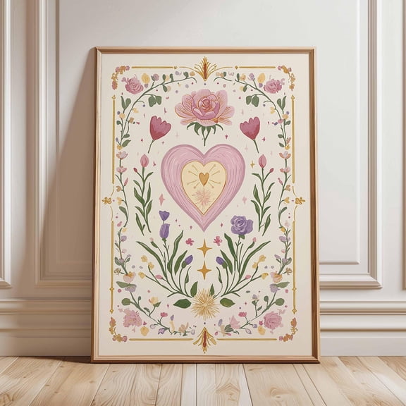 Floral Heart Poster, Romantic Botanical Wall Art Print, Vintage Inspired Pink And Gold Heart Artwork, Whimsical Flower, Illustration Decor, Unfreamed 8x12