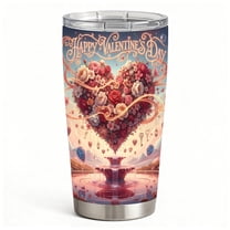 Floral Heart Scene Stainless Steel Travel Tumbler with Lid & Straw, Hot Cold Insulated Coffee Cup Valentine’s Day Gift Idea for Wife & Girlfriend