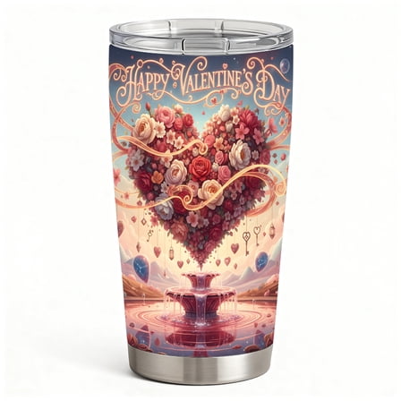 Floral Heart Scene Stainless Steel Travel Tumbler with Lid & Straw, Hot Cold Insulated Coffee Cup Valentine’s Day Gift Idea for Wife & Girlfriend