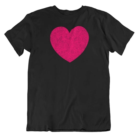 Floral Heart or Love Valentine T-Shirt for Wife, GF, Women & Girls (Distressed) Black