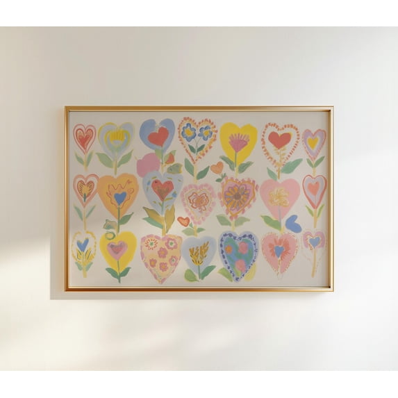 Floral Hearts Wall Art Print, Vintage Cottagecore Decor, Botanical Love, Unframed Paper Print Size 12x18