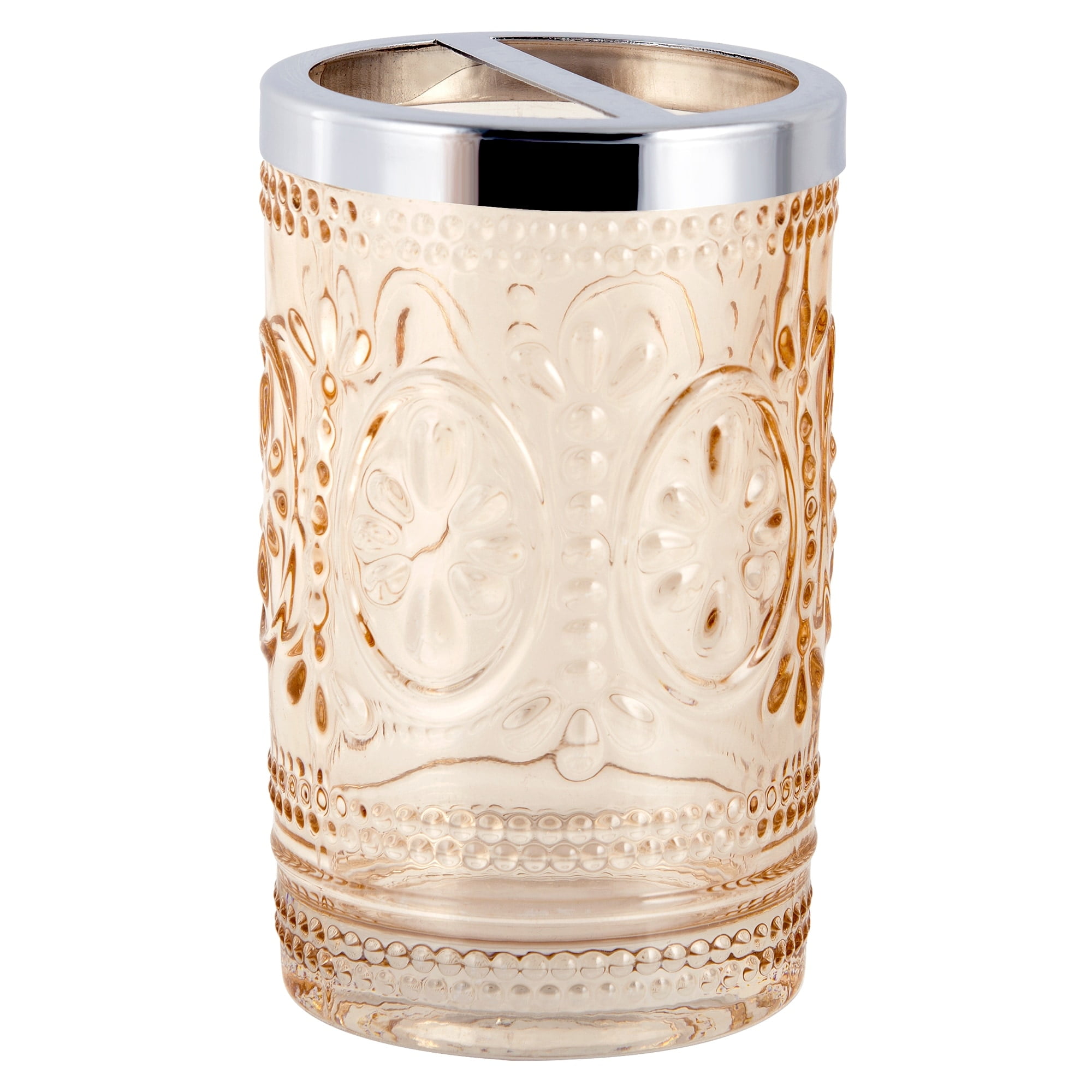 Blush Pink Embossed Glass Toothbrush Holder with Chrome Top