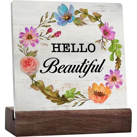 Floral Hello Beautiful Sign Rustic Ceramic Table Sign Farmhouse Home Office Desk Shelf Decor