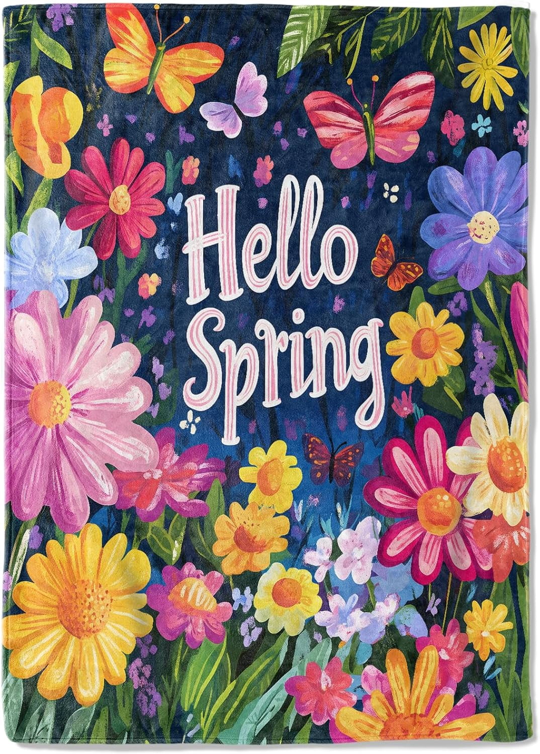 Floral Hello Spring Fleece Blanket - 50x60in Butterfly and Blooming Flower Throw Blankets,Soft Cozy Lightweight, Ideal for Living Room Home Rustic Decor and Kids Women Girls Gifts