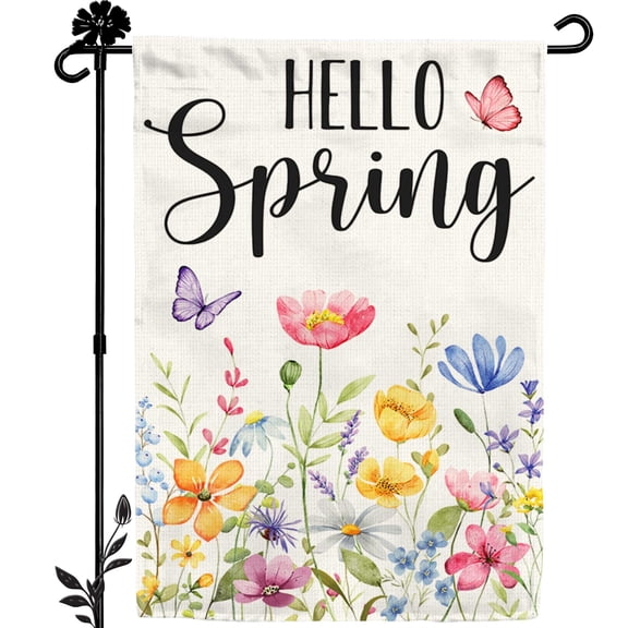 Floral Hello Spring Garden Flag 12x18 Inch Double-Sided, Outdoor Spring Decorations for Home & Porch & Yard, Small Burlap April Garden Flag for Outside, Farmhouse Welcome Flower Decor for Easter