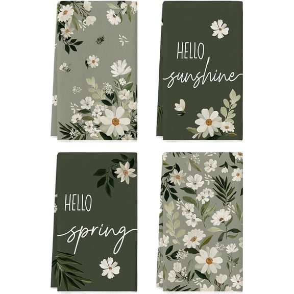 Floral Hello Sunshine Spring Kitchen Towels Dish Towels, 18x26 Inch Farmhouse Summer Decoration Cleaning Set of 4