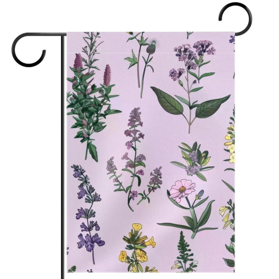 Floral Herbs and Spices on Lilac Pattern Double Sided Garden Flag Decorative Weather Resistant Yard Flag, Large DIY Vertical Flag for Farmhouse Patio Lawn, 28x40 Inch