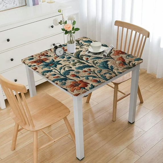 Floral Herbs Tablecloth Fitted Table Cover, Elastic Tablecloths Outdoor Indoor Stretch Cloth Tablecover for Dinner, Party, Shower, Watercolor Flower Leaves Herbs Blooms Botany