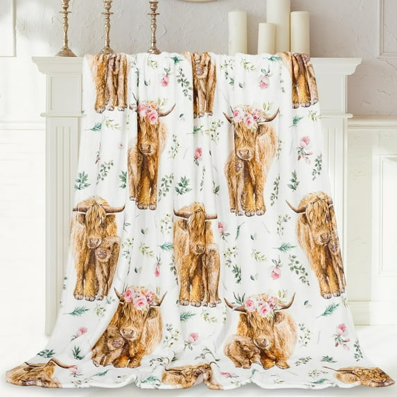 Floral Highland Cow Fuzzy Flannel Blanket 60 x 50 Inch Farmhouse Throw Blanket Watercolor Flower Greenery Yak Blanket for Home Chair Sofa Couch Bed