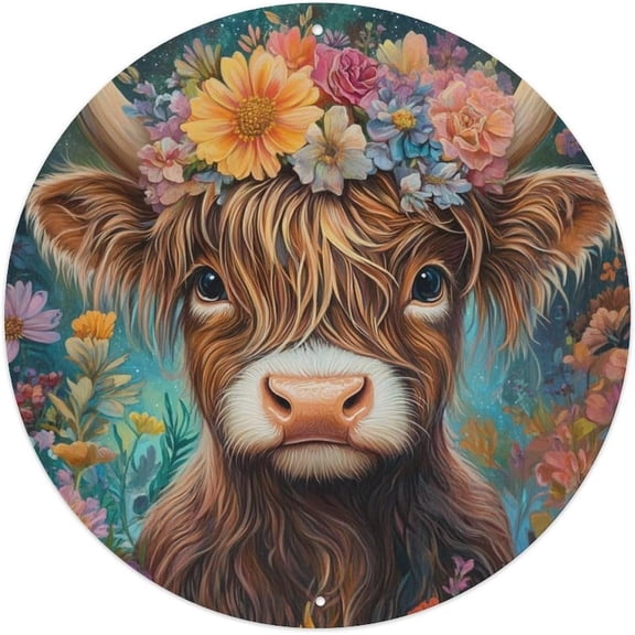 Floral Highland Cow on Galaxy Background Metal Round Sign Aluminum Wall Art 8x8 Inch Indoor Outdoor Decor for Home Bedroom Office Kitchen Bar Cafe Garden