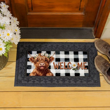 Sassafras Floral Highland Cow Plaid Front Door Mat Indoor Outdoor 22"x10"