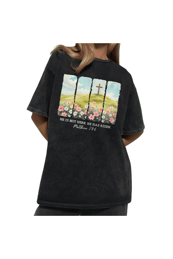 Floral Hill Cross He Has Risen Wash Print Tshirt S-2XL Vintage Black Graphic Tees Gift Shirts for Religious Easter Tops