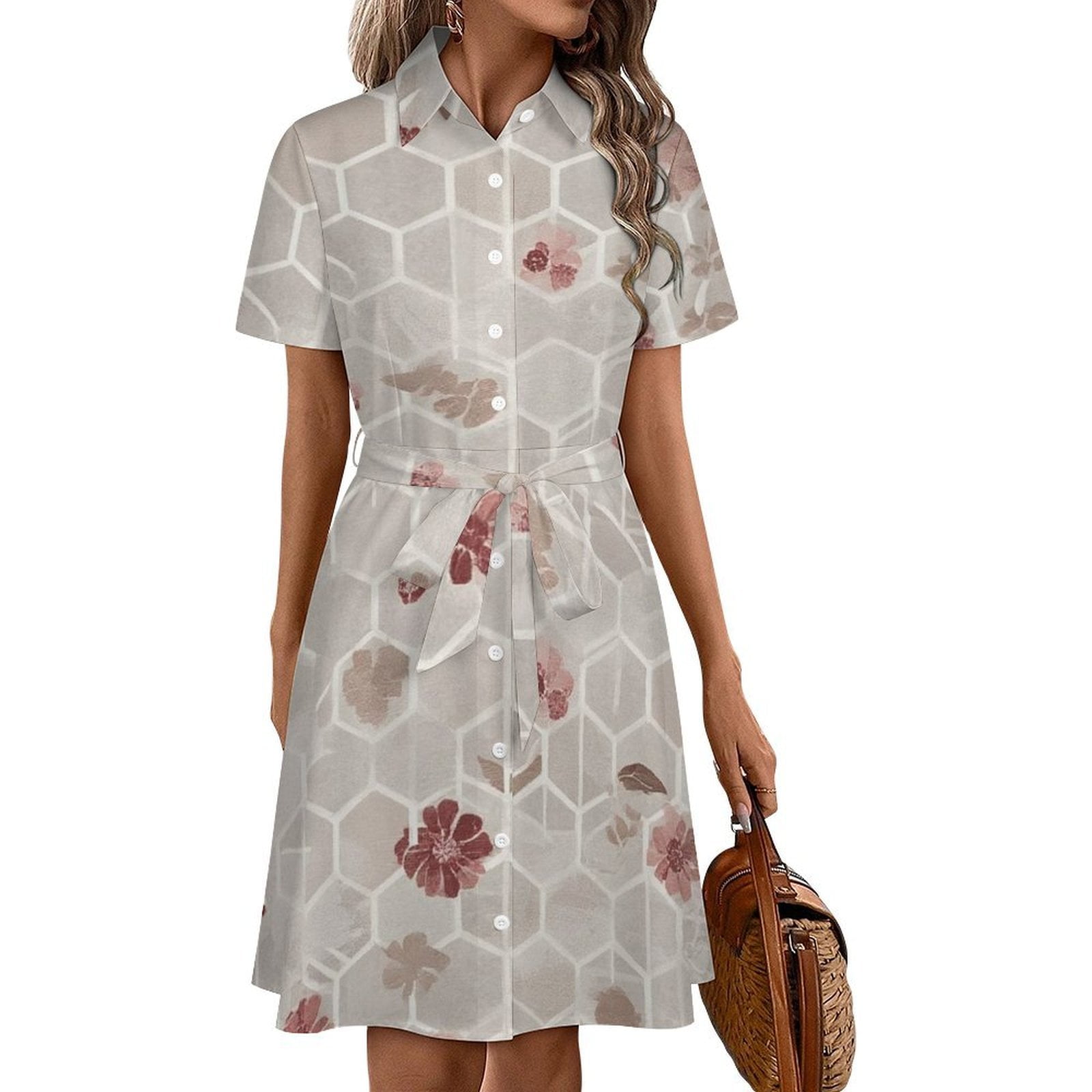 Floral Honeycomb Grey Pattern Womens Shirt Dresses Women'S Short Sleeve ...