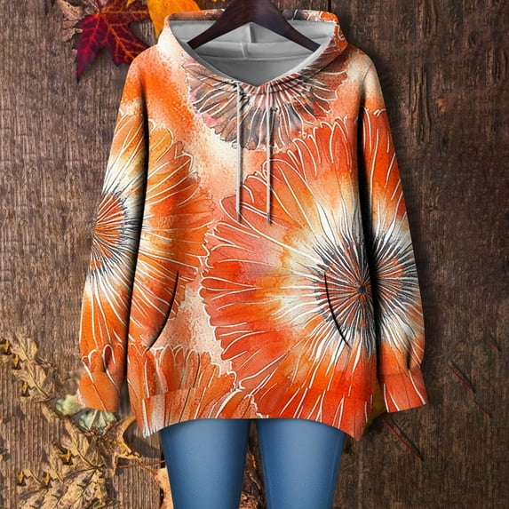 Floral Hoodies for Women Trendy Oversized Hooded Graphic Sweatshirts Long Sleeve Pullover Drawstring Drop Shoulder Hoodie with Kangaroo Pocket Fall Fashion Clothes Streetwear