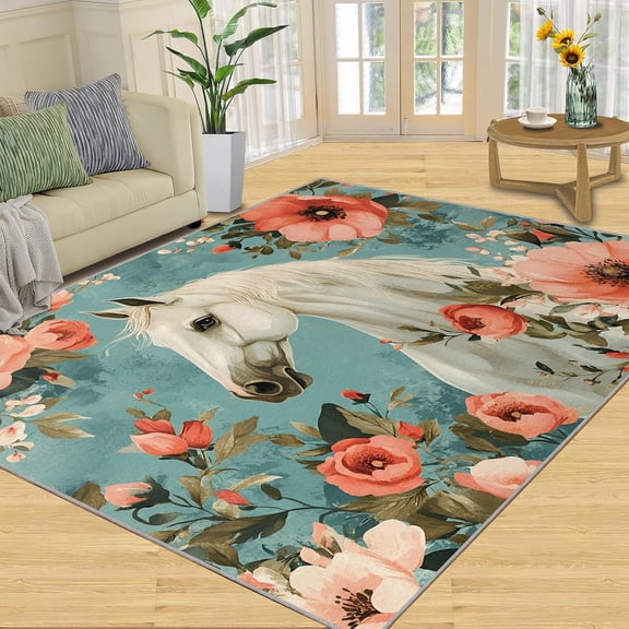 Floral Horse Area Rugs, Brown Animal Carpet, Washable Non Slip Low Pile Soft Rug for Living Room Bedroom Dining Room Home Office Decor Mat 2x3ft