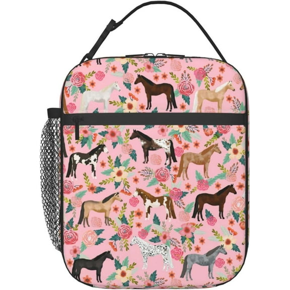 Floral Horse Lunch Box Insulated Cute Lunch Bag Reusable Tote Bag For Women Men Picnic Travel for Adult