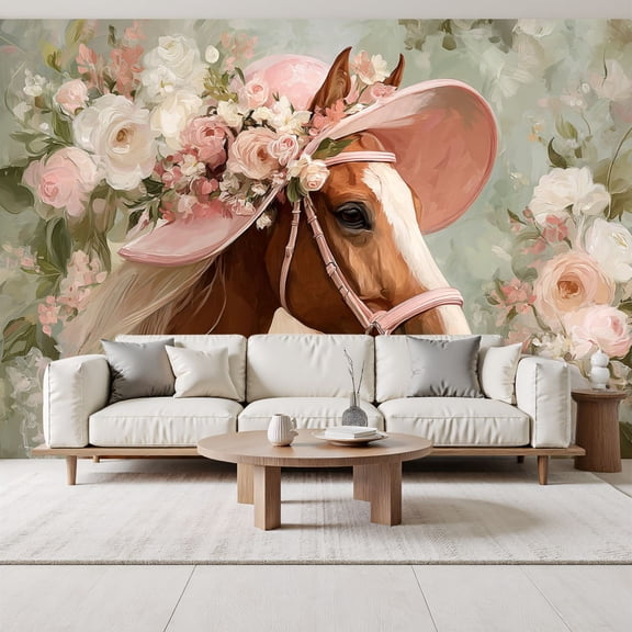 Floral Horse Portrait Wallpaper Pink Hat Soft Vintage Botanical Peel and Stick Wall Murals 69"H x 96"W Removable PVC Wall Paper Self-Adhesive Wall Decor for Bedroom Living Room
