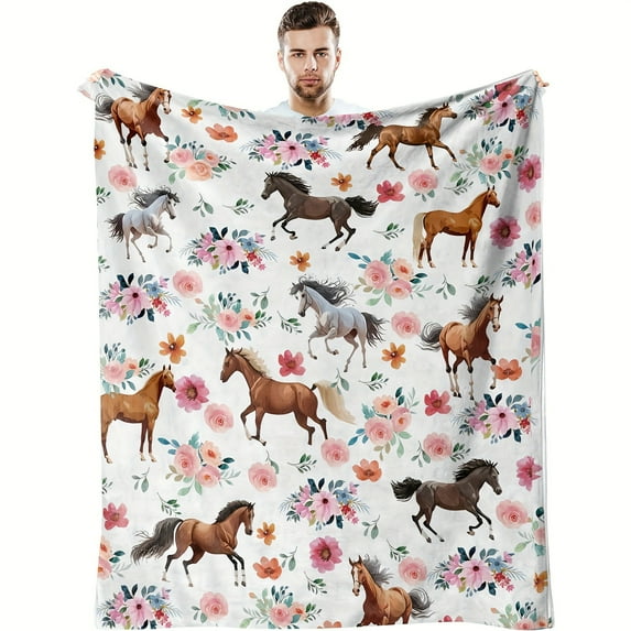 Floral Horse Print Fleece Throw Blanket - Soft Flannel All-Season ...