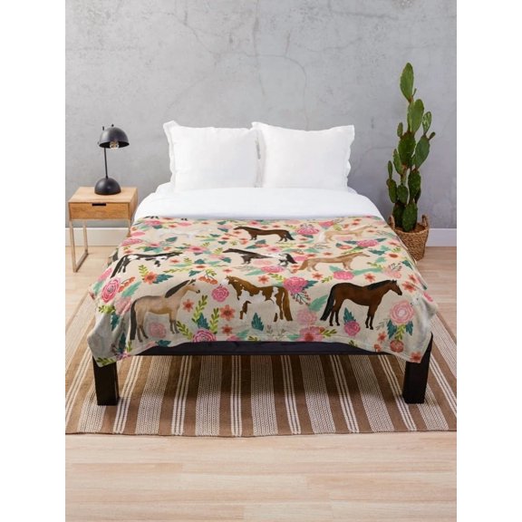 Floral Horse Sherpa Throw Blanket, Polyester Fleece Farmhouse Equestrian Bed or Couch Blanket