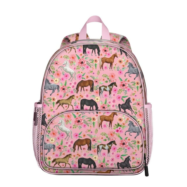 Floral Horse Student Backpack Cute Retro Pony Print With Rainbow Wild
