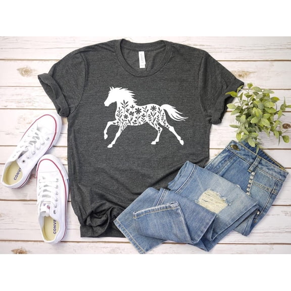 Floral Horse V-Neck Shirt: Women's Western Equestrian Tee, F6842 All Size S-5Xl