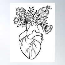 Floral Human Heart Anatomy | Line Art Poster Wall Art, Modern Wall Decor For Living Room Bedroom, 8x12 UNFRAMED