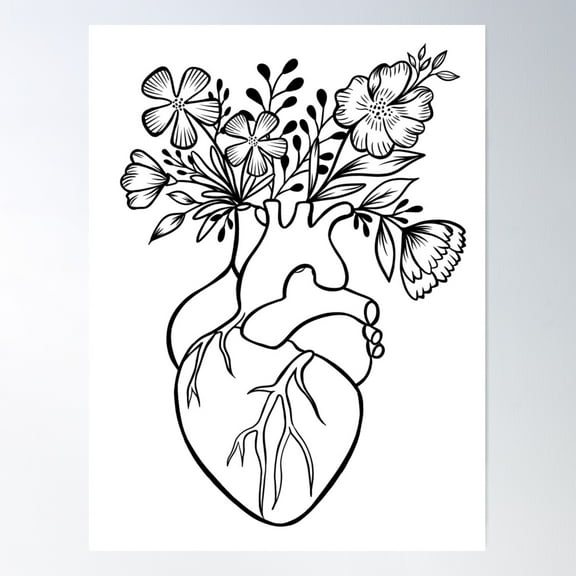 Floral Human Heart Anatomy | Line Art Poster Wall Art, Modern Wall Decor For Living Room Bedroom, 8x12 UNFRAMED