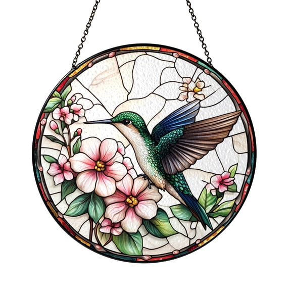 Floral Hummingbird Art Glass Style Decorative Window Hanging