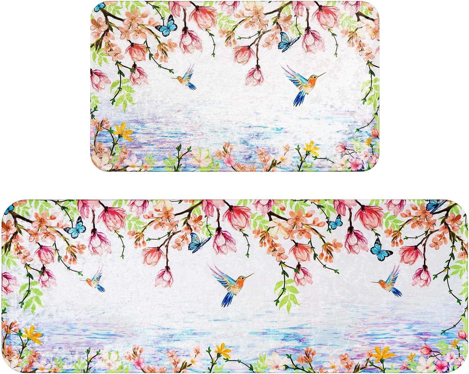 Floral Hummingbird Bathroom Rugs Set of 2, Pink Flower Non Slip Absorbent Bath Mat for Bathroom, Butterfly Floral Bathroom Mat Washable Botanical Bath Rugs for Tub, 18'''' x 48'''' + 18'''' x 30''''