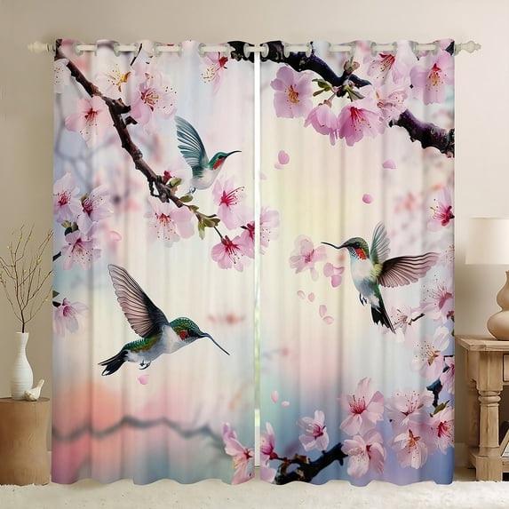 Floral Hummingbird 30%-50% Blackout Curtains Tropical Bird Curtains & Drapes 52"Wx84"L,Japanese Cherry Blossom Window Curtains Women,Cute Animal Pink Flower Room Decor 2 Panels