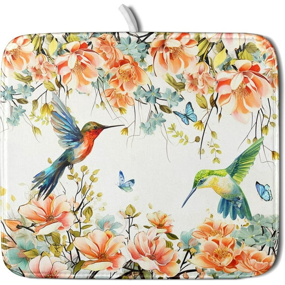 Floral Hummingbird Dish Drying Mats for Countertop, Spring Summer Flowers Nature Plants Birds Dish Mat Absorbent Microfiber Dishes Drainer Rack Mats Fast Dry Kitchen Accessories
