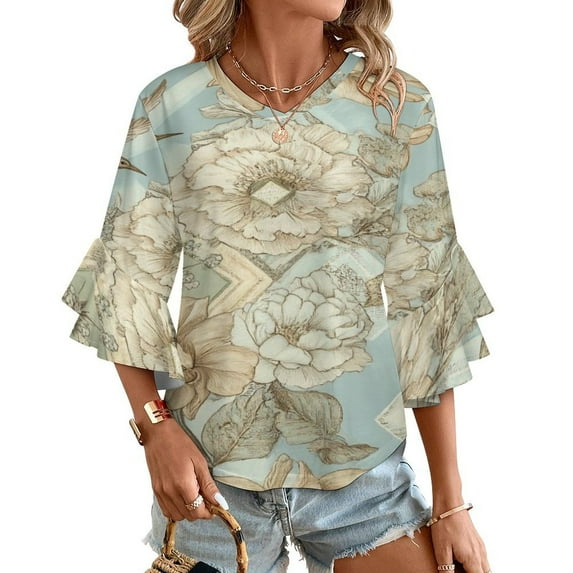 Floral Hummingbird Elegant Design Pattern Women's V-Neck Blouse With 3/4 Ruffled Bell Sleeves Casual Top Ladies Blouses