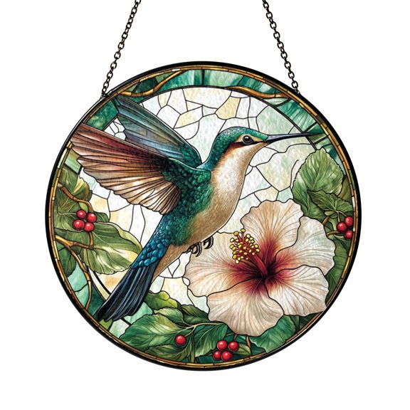 Floral Hummingbird Glass Style Window Suncatcher, Bright Nature Inspired Artwork Hanging for Garden Themed Spaces