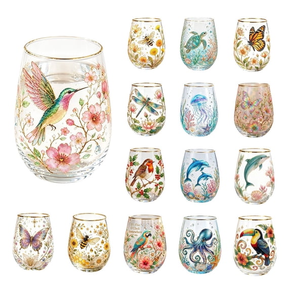 Floral Hummingbird Gold Trim Tumbler, Elegant Stemless Glass, Art Hand-Painted Stemless Glass, Stylish Drinking Cup for Tea (-selling Collection)