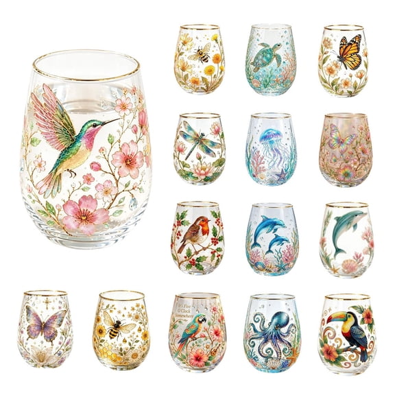 Floral Hummingbird Gold Trim Tumbler, Elegant Stemless Glass, Art Hand-Painted Stemless Glass, Stylish Drinking Cup for Tea (-selling Collection)
