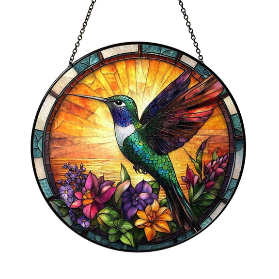 Floral Hummingbird Gothic Arch Stained Glass Style Window Hanging, Decorative Nature Glass Art Panel