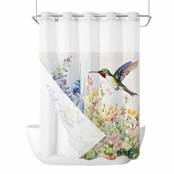 Floral Hummingbird No Hook Shower Curtain Waterproof, Bathroom Curtains with Snap in Liners and See Through Top Window, Spring Watercolor Flowers Hotel Style Bathtub Curtains Shower 48"Wx72"L