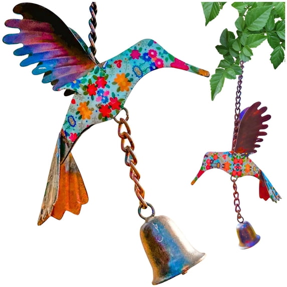 Happy Gardens Handcrafted Hummingbird Steel Wind Ornament & Bell (Hand Painted Multicolor Floral Finish) Rustic with Metal Hook Hanging 1-Pack