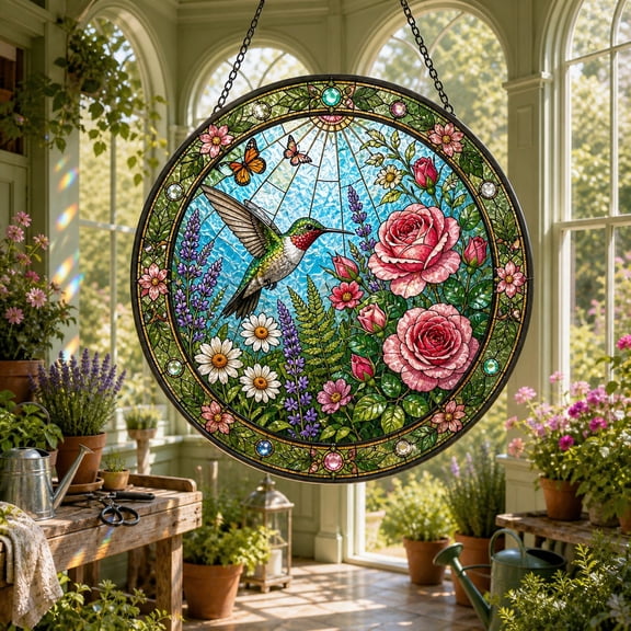 Floral Hummingbird Rose Stained Glass Suncatcher Window Hanging for Garden Lover Gift