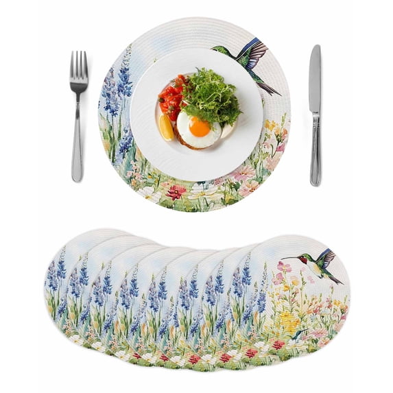 Floral Hummingbird Round 15 Inch Placemats Set of 8, Spring Watercolor Flowers HeatResistant Non Slip Place Mats for Dining Table, Wipeable Braided Kitchen Table Mats for Housewarming