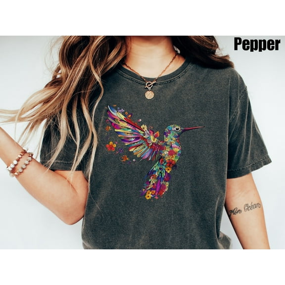 Floral Hummingbird Shirt, Animal Lover Tee, Bird T Shirts, Trendy Tee,Gift For Her, Bird Lover T-Shirt, Spring Birds,Flower Shirt