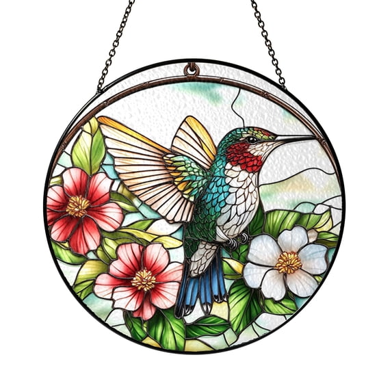 Floral Hummingbird Stained Glass Window Hanging, Nature Inspired Glass Art Home Decor